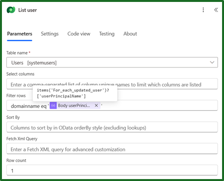 Power Automate Flow - Update User Details - List User Parameters